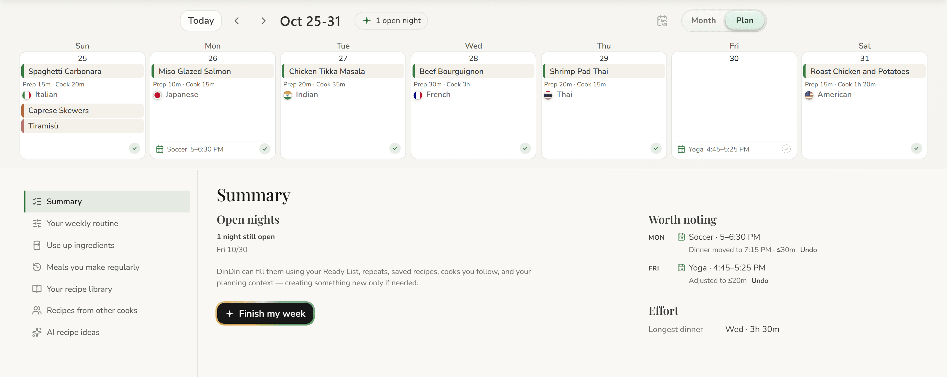 DinDin's week planner: a planned week with two nights adjusted around calendar events, and one night still open