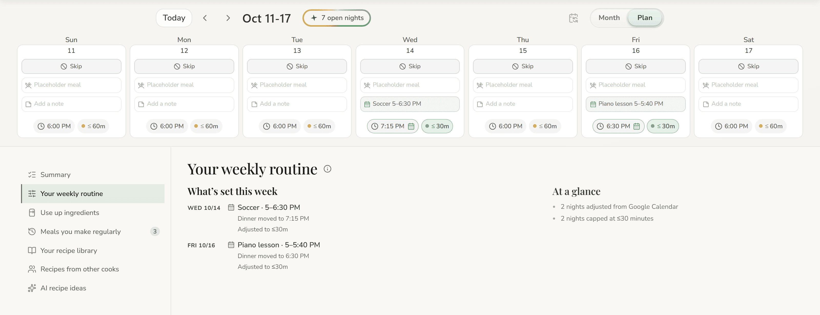 DinDin Plan mode: Your weekly routine, with each night of the week carrying a dinner time, a time cap and any calendar event that moved it