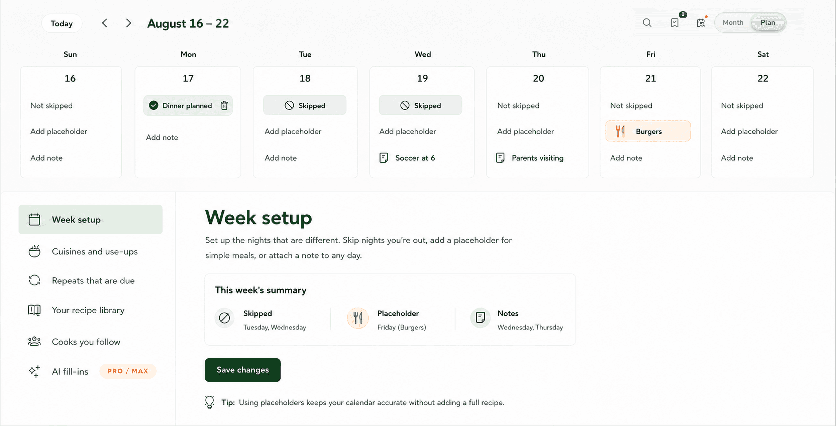 DinDin Plan mode: the week strip above the guided planning steps with recipe suggestions